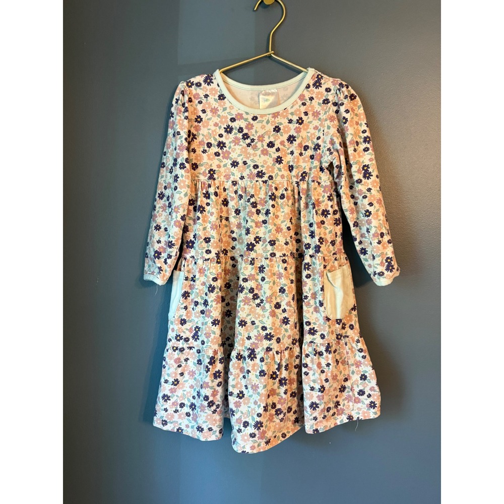 Stitchy Fish Girls Floral Tiered Long Sleeve Pocket Dress Size 5 Purple Pink